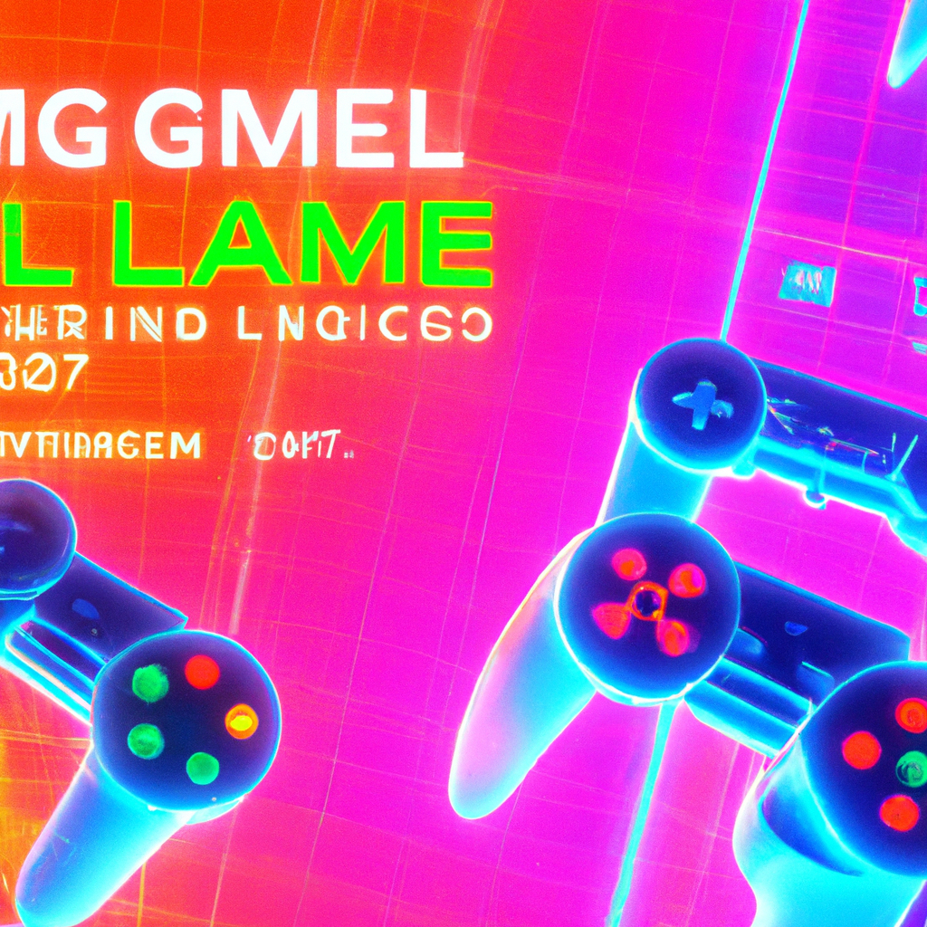 Arcade montage with neon tiles, controllers, and HUD overlays